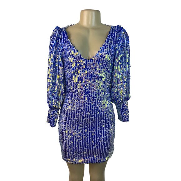 Women's Blue Sequin Puff Sleeve Mini Dress With Deep V-Nec Sz S - Picture 1 of 8